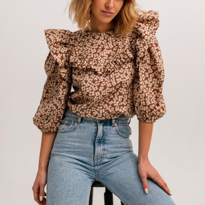 Bluza za ženske Alicante Brown floral print - By Marsala